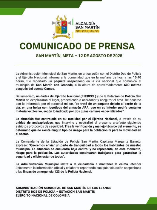 Comunicado de la Alcaldía de San Martin PARTE DE TRANQUILIDAD! La Administración