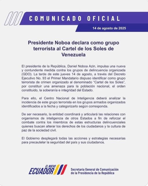 URGENTE DESDE ECUADOR El gobierno de Ecuador declaró oficialmente al Cártel de