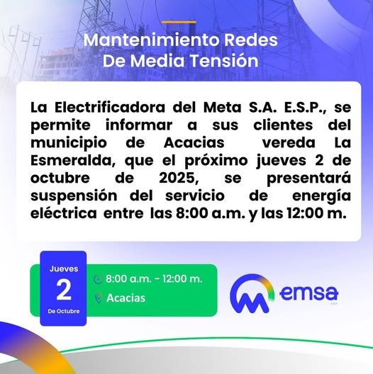 #Acacías #Emsa Información importante para los habitantes de la vereda La Esmeralda