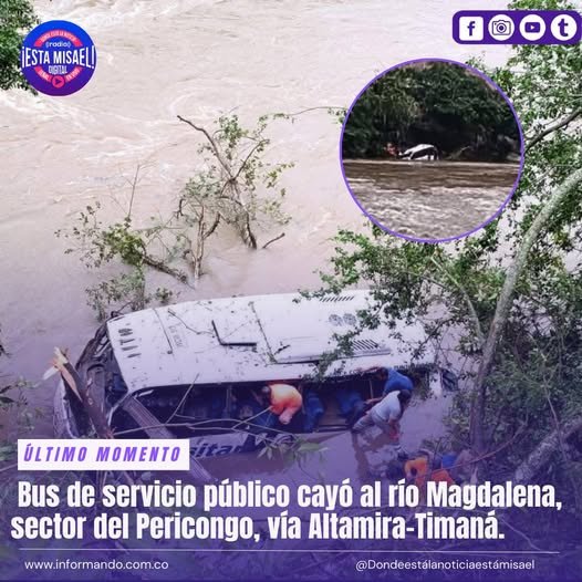 Bus de servicio público cayó al río Magdalena, sector del Pericongo, vía