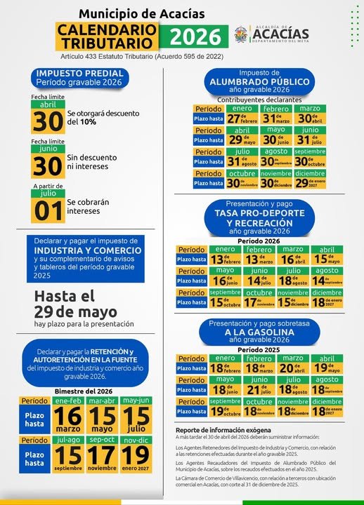 CALENDARIO TRIBUTARIO 2026 La Alcaldía de Acacías invita a la ciudadanía a